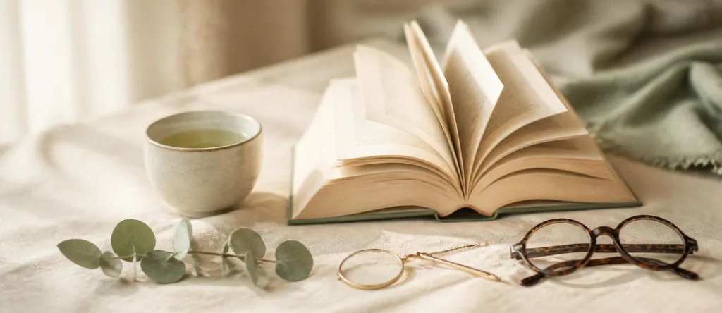 Libro abierto sobre lino natural con té verde, eucalipto y gafas de lectura en luz suave